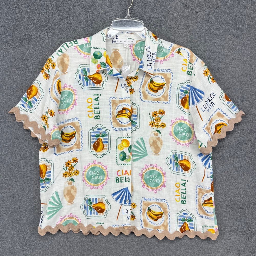 Jane + Delancey Button Up Top Women Large White Italian Postcard Ric Rac Scallop